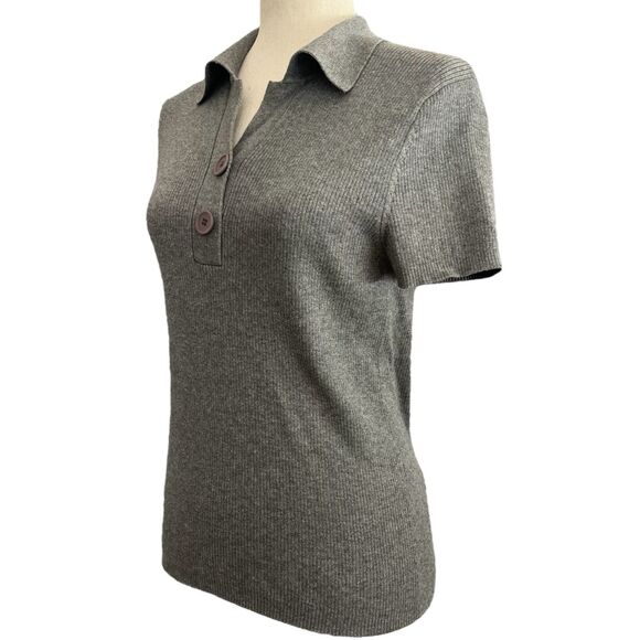 Ann Taylor Tenniscore Ribbed Cotton Top Size L Gray Collared Old Money Preppy - Picture 3 of 10